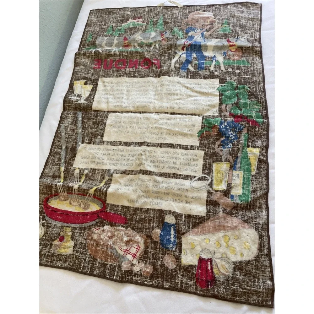 Vintage Recipe Fondue Tea Towel Linen European Kreier Swiss German Kitchen Dish